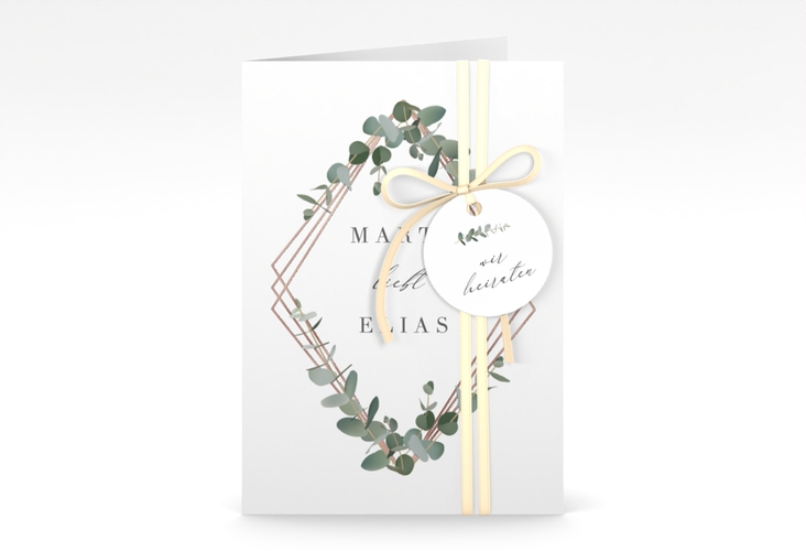 Einladungskarte Hochzeit Eukalyptus A6 Klappkarte hoch weiss rosegold