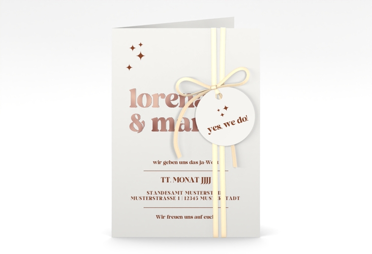 Einladungskarte Hochzeit Retro A6 Klappkarte hoch weiss rosegold