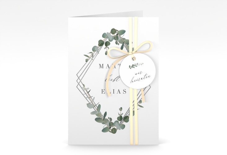 Einladungskarte Hochzeit Eukalyptus A6 Klappkarte hoch weiss silber