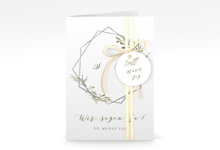 Einladungskarte Hochzeit Acacia A6 Klappkarte hoch weiss silber