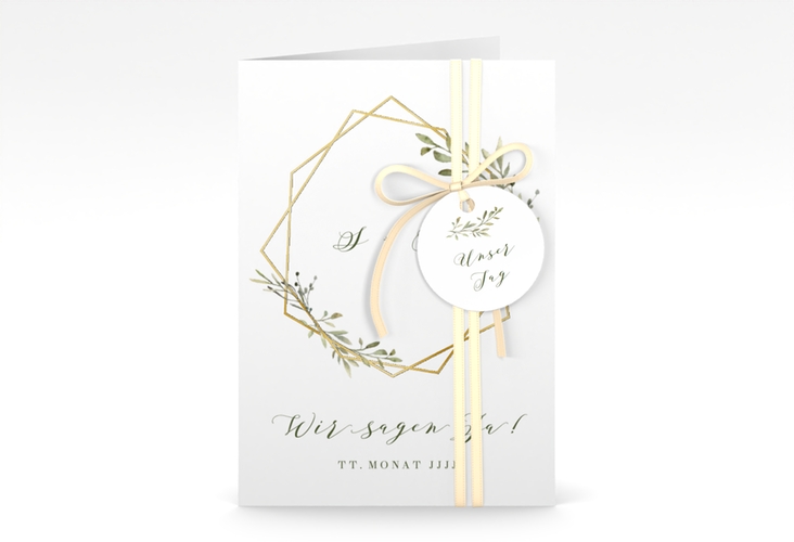 Einladungskarte Hochzeit Acacia A6 Klappkarte hoch weiss gold
