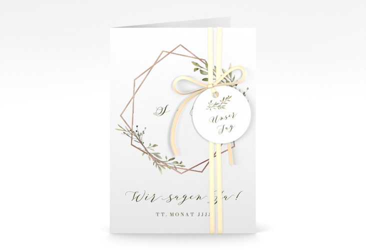 Einladungskarte Hochzeit Acacia A6 Klappkarte hoch weiss rosegold
