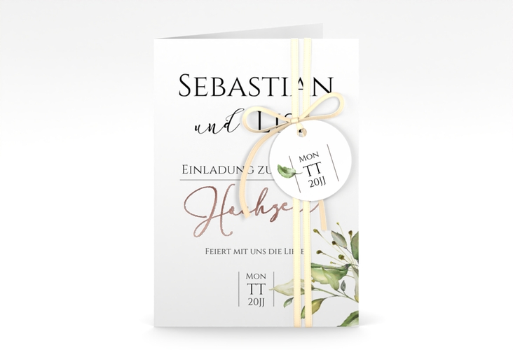 Einladungskarte Hochzeit Leaves A6 Klappkarte hoch weiss rosegold