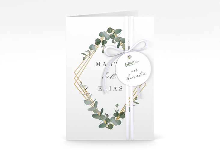 Einladungskarte Hochzeit Eukalyptus A6 Klappkarte hoch weiss gold