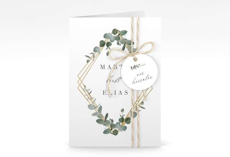 Einladungskarte Hochzeit Eukalyptus A6 Klappkarte hoch weiss gold