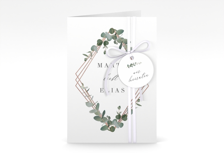 Einladungskarte Hochzeit Eukalyptus A6 Klappkarte hoch weiss rosegold