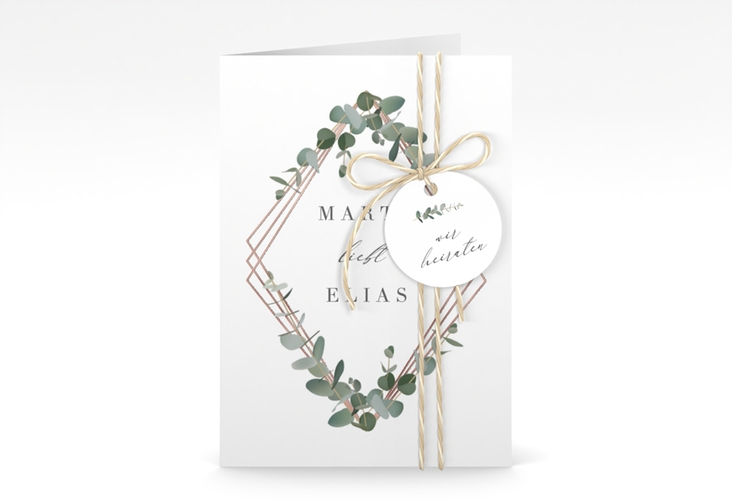 Einladungskarte Hochzeit Eukalyptus A6 Klappkarte hoch weiss rosegold