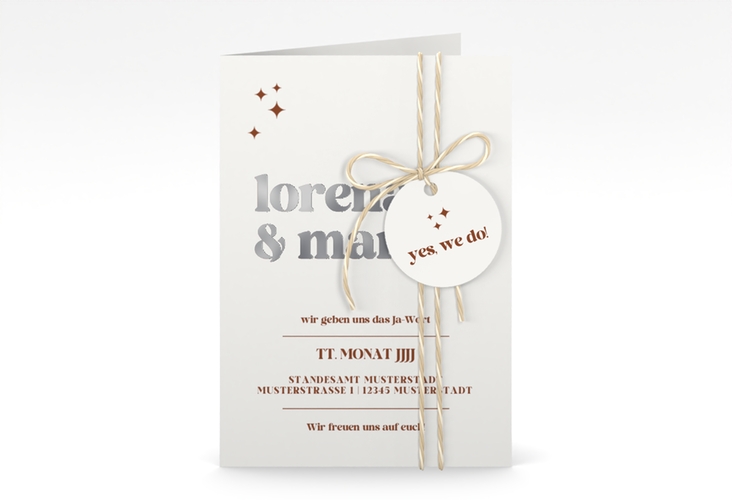 Einladungskarte Hochzeit Retro A6 Klappkarte hoch weiss silber