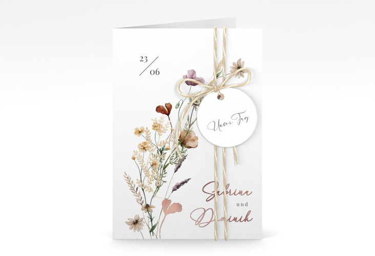 Einladungskarte Hochzeit Sauvages A6 Klappkarte hoch weiss rosegold mit getrockneten Wiesenblumen