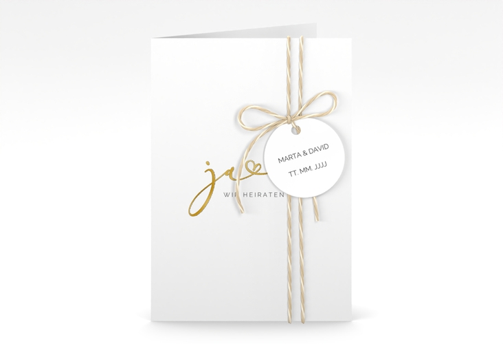 Hochzeitseinladung Jawort A6 Klappkarte hoch weiss gold modern minimalistisch mit veredelter Aufschrift
