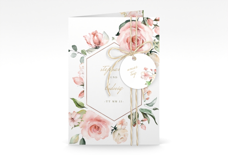 Einladungskarte Hochzeit Graceful A6 Klappkarte hoch weiss rosegold mit Rosenblüten in Rosa und Weiß