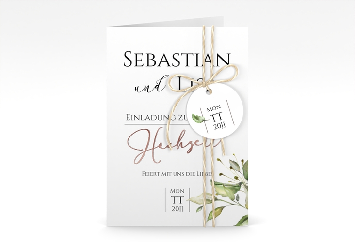 Einladungskarte Hochzeit Leaves A6 Klappkarte hoch weiss rosegold