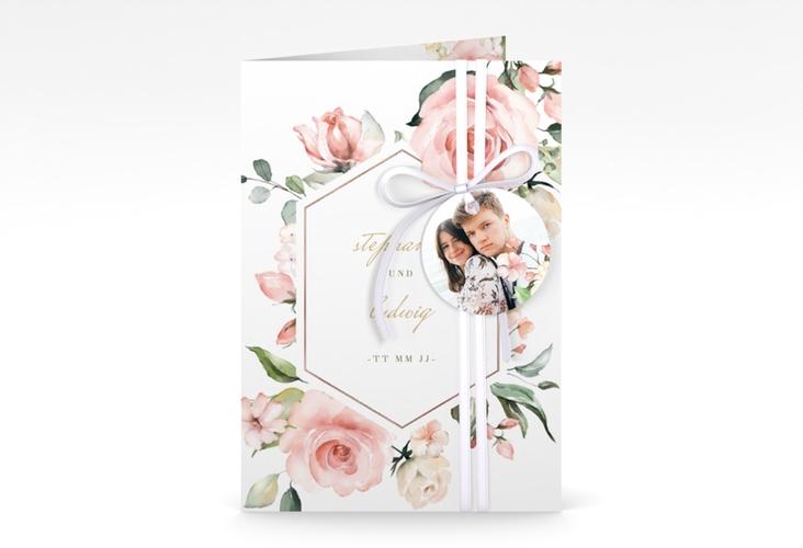 Einladungskarte Hochzeit Graceful A6 Klappkarte hoch weiss rosegold mit Rosenblüten in Rosa und Weiß