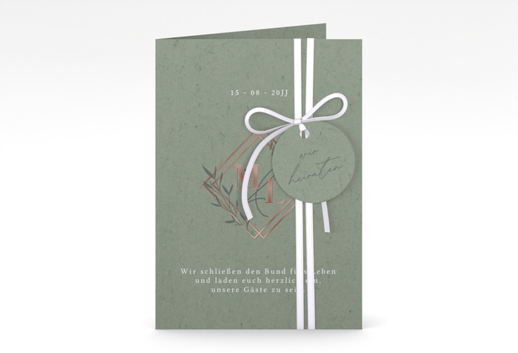 Hochzeitseinladung Greenletter A6 Klappkarte hoch gruen rosegold mit Initialen in elegantem Goldrahmen mit Blättern