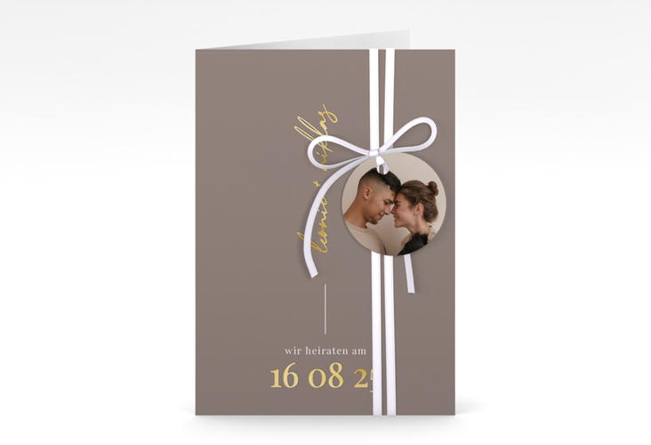 Einladungskarte Hochzeit Idylle A6 Klappkarte hoch braun gold