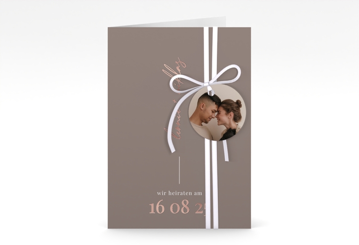 Einladungskarte Hochzeit Idylle A6 Klappkarte hoch braun rosegold