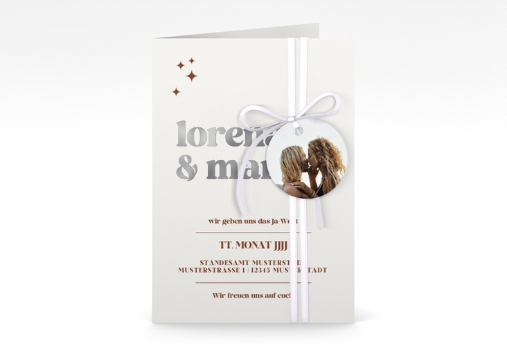 Einladungskarte Hochzeit Retro A6 Klappkarte hoch weiss silber