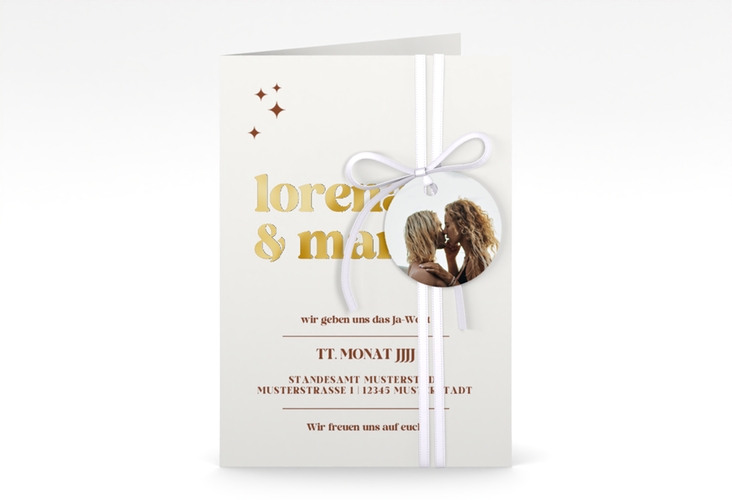 Einladungskarte Hochzeit Retro A6 Klappkarte hoch weiss gold