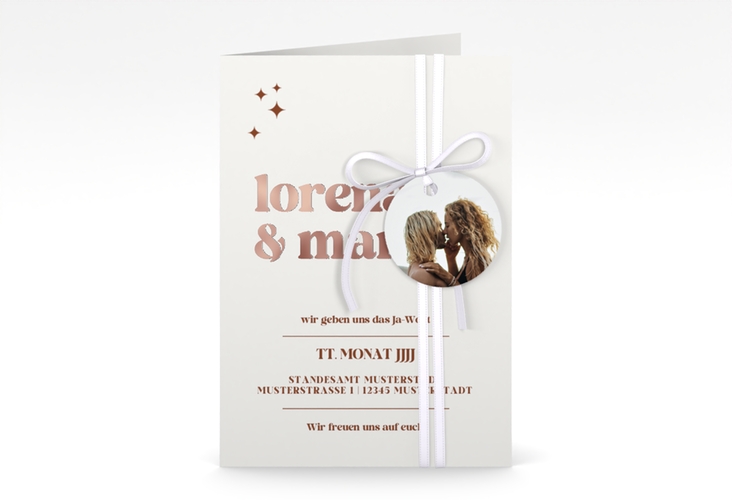 Einladungskarte Hochzeit Retro A6 Klappkarte hoch weiss rosegold