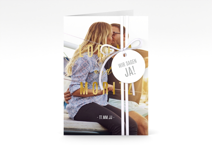 Einladungskarte Hochzeit Memory A6 Klappkarte hoch weiss gold
