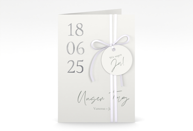 Einladungskarte Hochzeit Day A6 Klappkarte hoch weiss silber mit Datum im minimalistischen Design