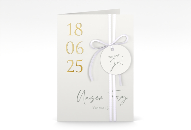 Einladungskarte Hochzeit Day A6 Klappkarte hoch weiss gold mit Datum im minimalistischen Design