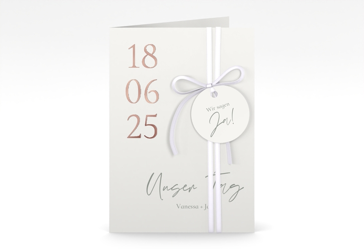 Einladungskarte Hochzeit Day A6 Klappkarte hoch weiss rosegold mit Datum im minimalistischen Design