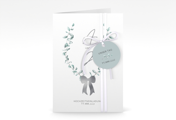 Einladungskarte Hochzeit Eucalypt Bow A6 Klappkarte hoch gruen silber
