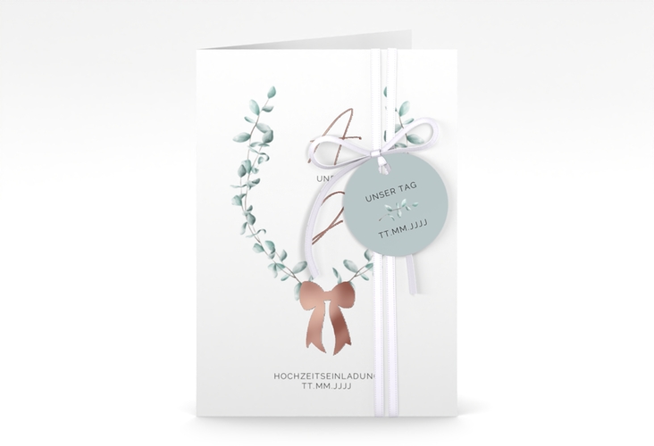 Einladungskarte Hochzeit Eucalypt Bow A6 Klappkarte hoch gruen rosegold