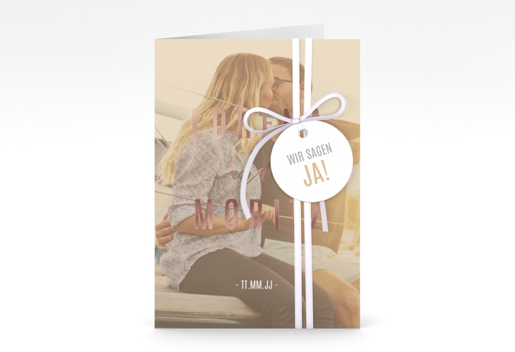 Einladungskarte Hochzeit Memory A6 Klappkarte hoch beige rosegold