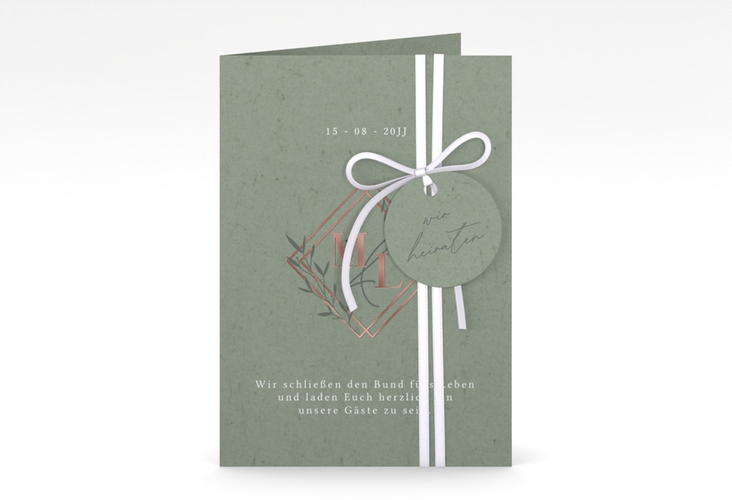 Hochzeitseinladung Greenletter A6 Klappkarte hoch gruen rosegold mit Initialen in elegantem Goldrahmen mit Blättern