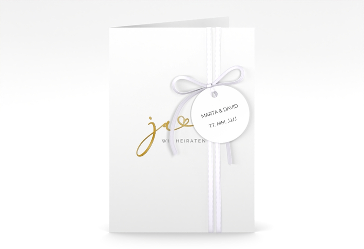 Hochzeitseinladung Jawort A6 Klappkarte hoch weiss gold modern minimalistisch mit veredelter Aufschrift