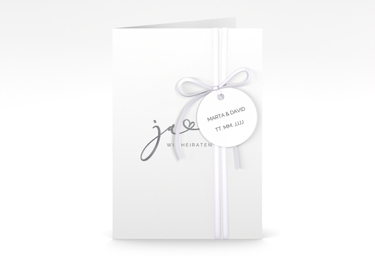 Hochzeitseinladung Jawort A6 Klappkarte hoch weiss silber modern minimalistisch mit veredelter Aufschrift