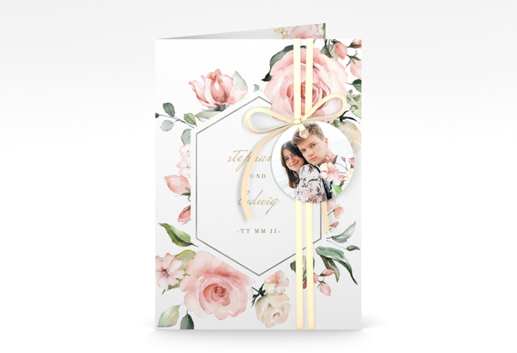 Einladungskarte Hochzeit Graceful A6 Klappkarte hoch weiss silber mit Rosenblüten in Rosa und Weiß