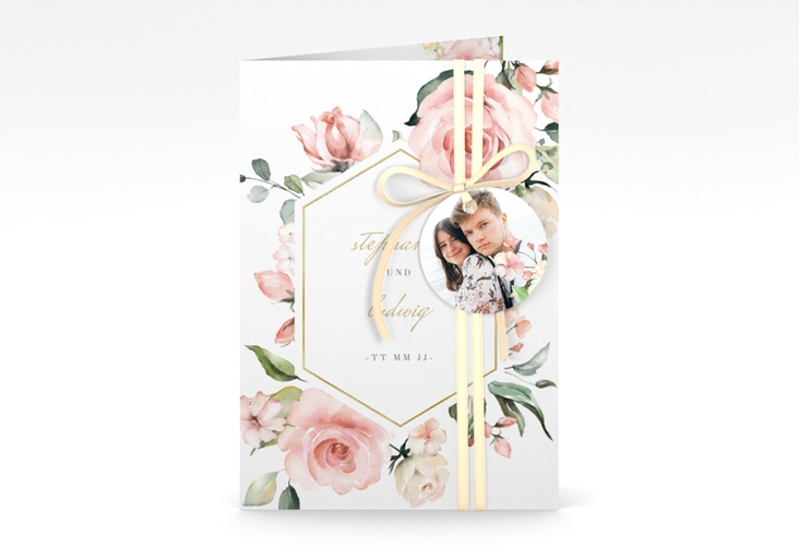 Einladungskarte Hochzeit Graceful A6 Klappkarte hoch weiss gold mit Rosenblüten in Rosa und Weiß