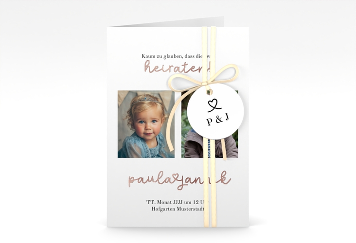 Einladungskarte Hochzeit Kindheitsfotos A6 Klappkarte hoch weiss rosegold