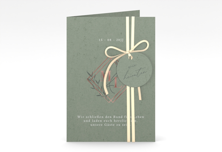 Hochzeitseinladung Greenletter A6 Klappkarte hoch gruen rosegold mit Initialen in elegantem Goldrahmen mit Blättern