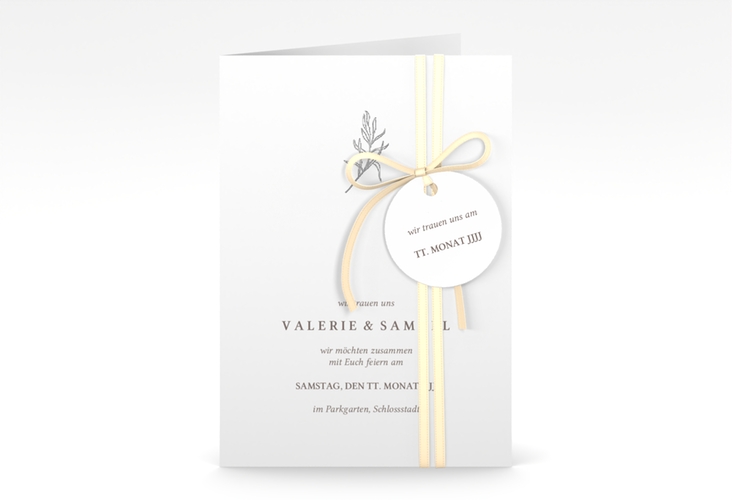 Einladungskarte Hochzeit Ivy A6 Klappkarte hoch weiss silber minimalistisch mit kleiner botanischer Illustration