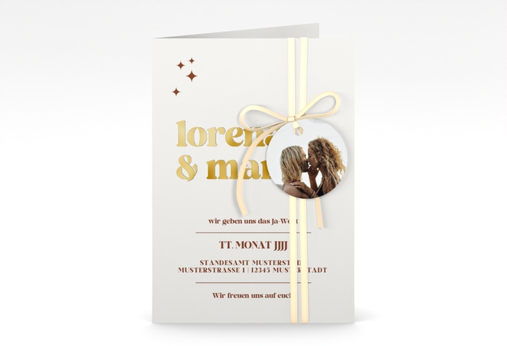 Einladungskarte Hochzeit Retro A6 Klappkarte hoch weiss gold