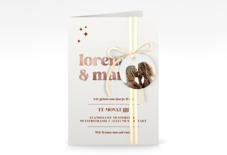 Einladungskarte Hochzeit Retro A6 Klappkarte hoch weiss rosegold