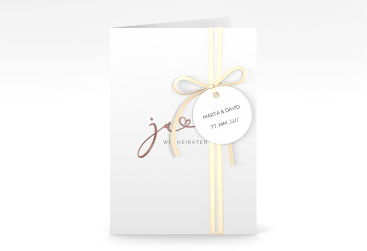 Hochzeitseinladung Jawort A6 Klappkarte hoch weiss rosegold modern minimalistisch mit veredelter Aufschrift