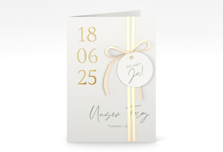 Einladungskarte Hochzeit Day A6 Klappkarte hoch weiss gold mit Datum im minimalistischen Design