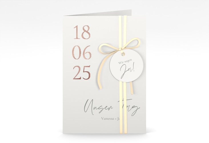 Einladungskarte Hochzeit Day A6 Klappkarte hoch weiss rosegold mit Datum im minimalistischen Design