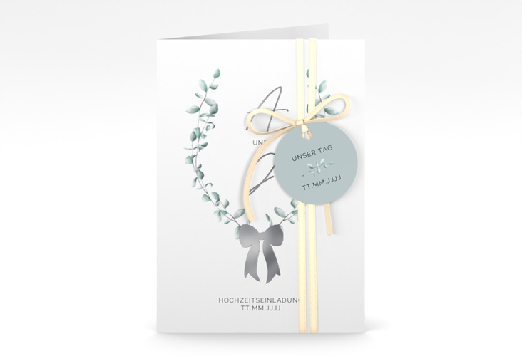 Einladungskarte Hochzeit Eucalypt Bow A6 Klappkarte hoch gruen silber