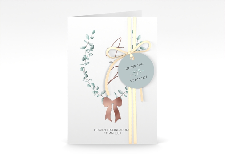 Einladungskarte Hochzeit Eucalypt Bow A6 Klappkarte hoch gruen rosegold