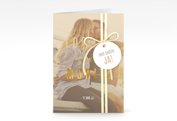 Einladungskarte Hochzeit Memory A6 Klappkarte hoch beige gold