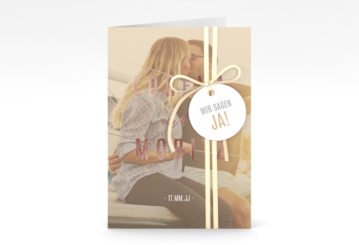 Einladungskarte Hochzeit Memory A6 Klappkarte hoch beige rosegold