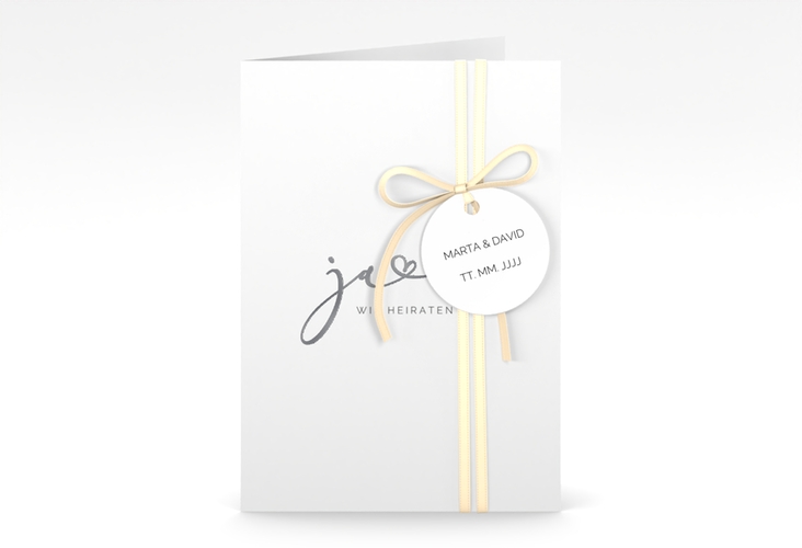 Hochzeitseinladung Jawort A6 Klappkarte hoch weiss silber modern minimalistisch mit veredelter Aufschrift
