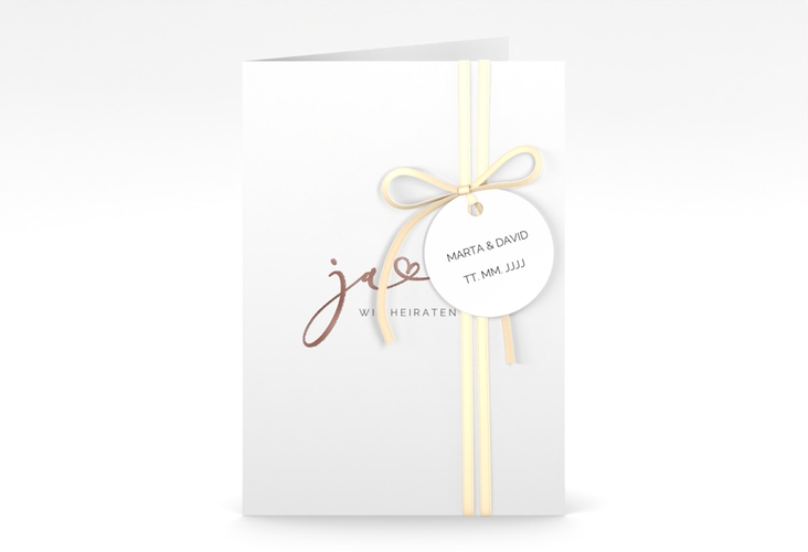 Hochzeitseinladung Jawort A6 Klappkarte hoch weiss rosegold modern minimalistisch mit veredelter Aufschrift