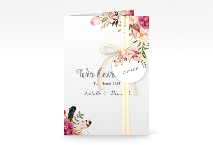 Einladungskarte Hochzeit Flowers A6 Klappkarte hoch weiss silber mit bunten Aquarell-Blumen